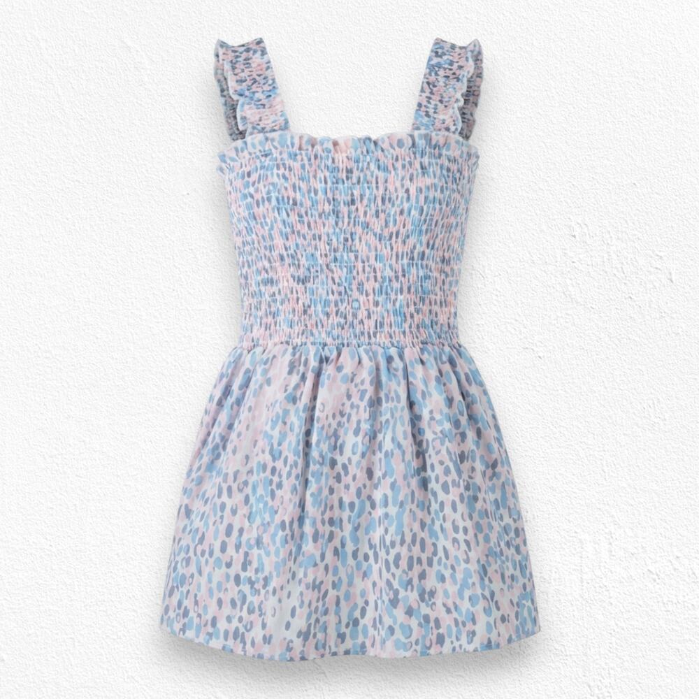 AQUA Smocked Blue Pink Abstract Print Ruffle Straps Babydoll Tank Top Size XS